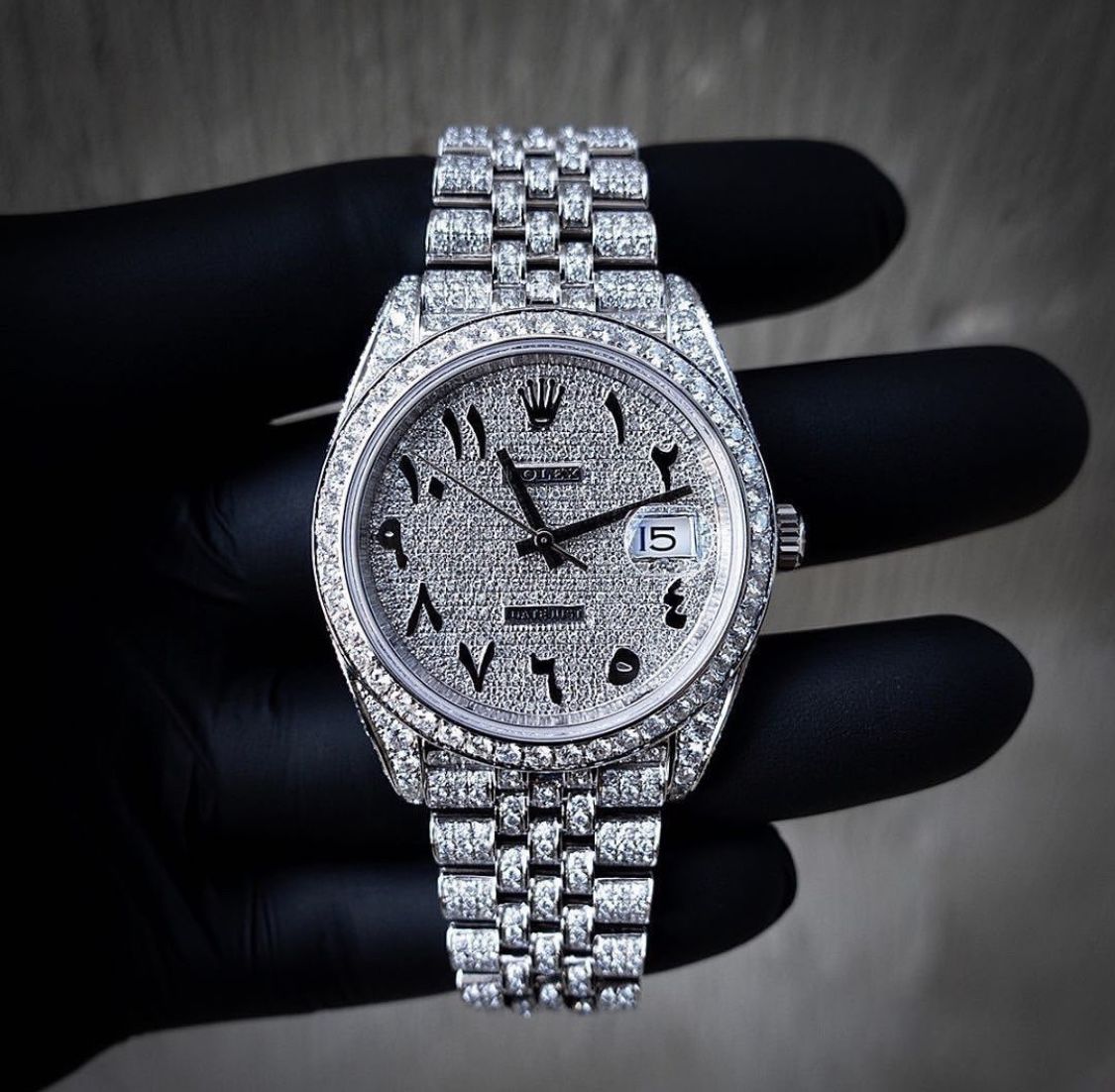 Full diamond (iced out) Rolex datejust with an Arabic dial watch